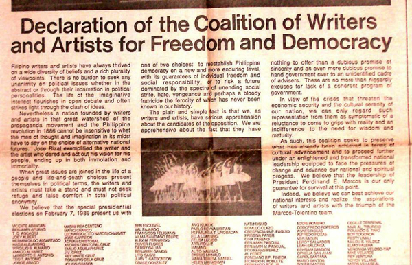 The declaration of support for Marcos by the group of writers and artists that later on came to be known as COWARD. Image courtesy of the twitter user @highreaching, published on January 22, 2018.  