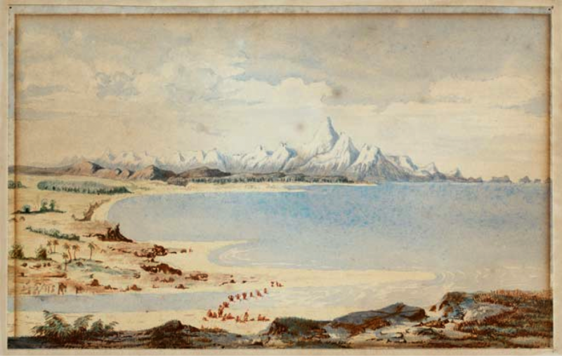 Arahbura River Mouth, 1846. Charles Heaphy sketched this scene of Arahura on the West Coast about 1846, well before gold was discovered in New Zealand. Subsequently, an unknown watercolourist copied the scene to produce this painting.
