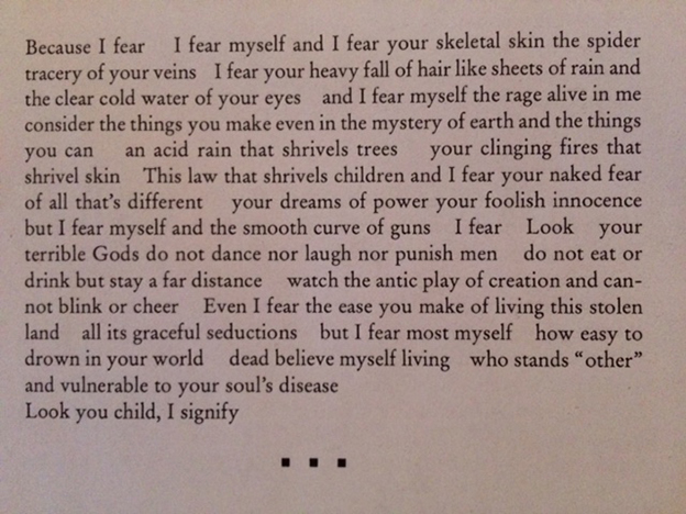 Claire Harris's poem "Policeman Cleared in Jaywalking Case," excerpted. Excerpt begins "Because I fear ..."