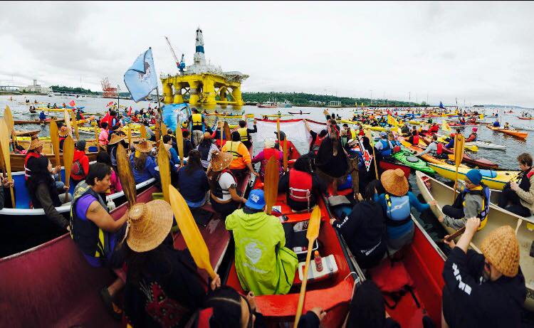 Mary Catherine Brewer/Kayaks and canoes surrounded the Royal Dutch Shell oil rig on May 16 to protest arctic drilling. 