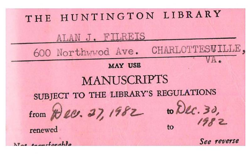 Al Filreis Huntington Library scholar card