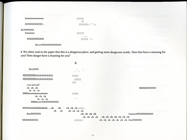 Page 33 of 'Tree Talks' with transcribed sounds and punctuation arranged in meandering shapes across the page