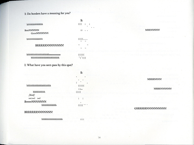 Page 34 of 'Tree Talks' with transcribed sounds and punctuation arranged in meandering shapes across the page in answer to two questions: "Do borders have a meaning for you?" and "What have you seen pass by this spot?"