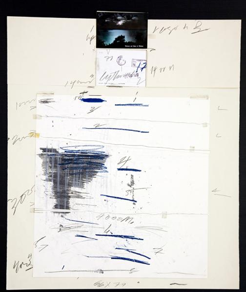 Twombly collage with two postcards at the top, scrawled words throughout, and strong scribbled lines 