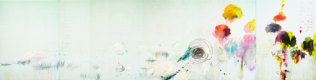 landscape Twombly painting with colorful abstract shapes on an off-white background