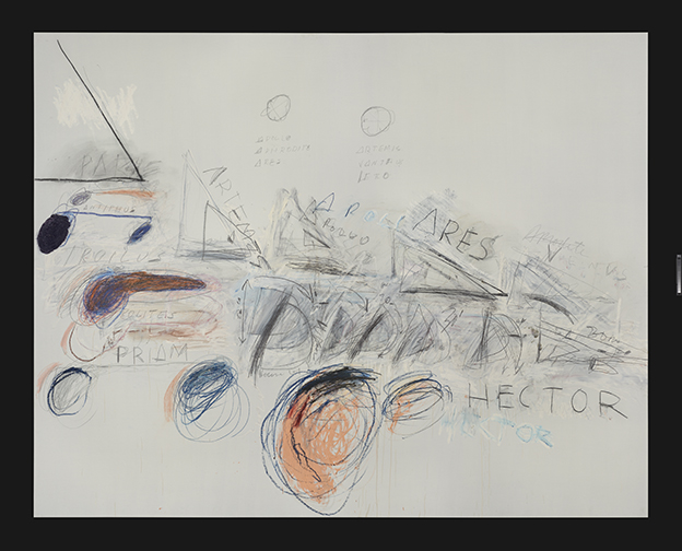 Twombly piece with scribbled shaped in black, gray, orange, and blue on an off-white background. Legible words include "Ares," "prism," "Hector," and "Ariem"