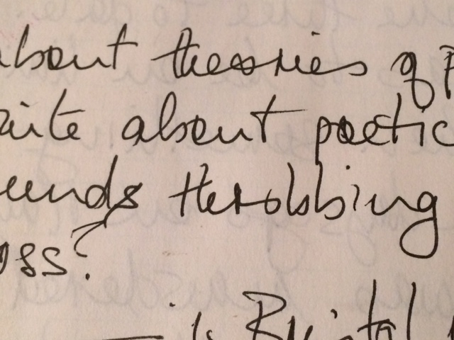 portion of a handwritten note by M. NourbeSe Philip, incl. the words "poetic" and "throbbing"
