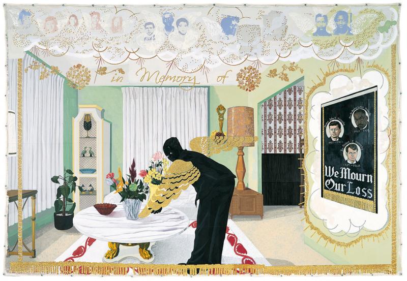 Alt-text: Painting depicting the interior of a home. In the center is a black angel figure with gold wings putting a vase of flowers onto a marble tabletop. Above the figure is a cloud filled with the portraits of murdered Civil Rights activists. Underneath are the words “In Memory Of.” On the wall behind the figure is a wall hanging with the portraits of Martin Luther King Jr., John Kennedy, and Ted Kennedy. Text under the portraits says: “We Mourn Our Loss.” The portraits in the clouds, the wall hanging and the border around the painting are gold like the angel’s wings.