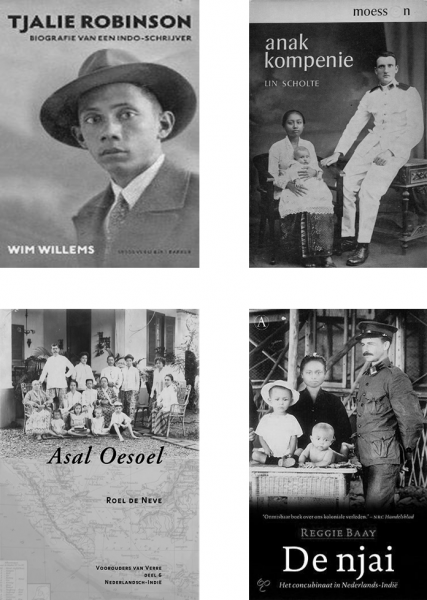 four book covers: Wim Willems, 'Tjalie Robinson: Biografie Van Een Indo-Schrijver'; Lin Scholte, 'Anak Kompenie'; Roel de Neve, 'Asal Oesoel'; Reggie Baay, 'De njai'