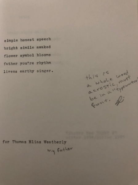 poem "simple honest speech" with handwritten note: "this as a whole word acrostic, must be in a 'typewriter' font"