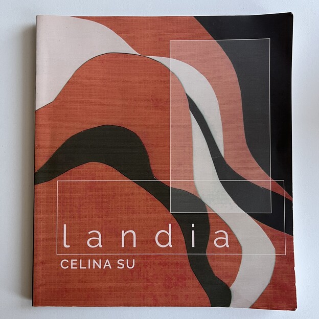 Orange, White and Black curved abstract shapes on the square cover of 'Landia.'