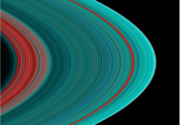 A false-color image of Saturn's A Ring, taken by the Cassini Orbiter using an Ul