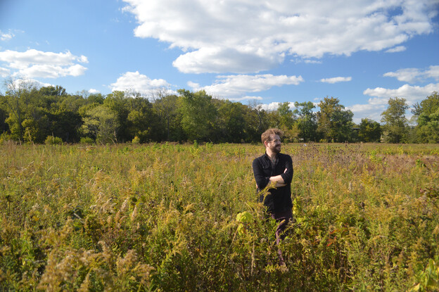 A man stands in a field of yellow grasses under a blue sky, trees framing him.