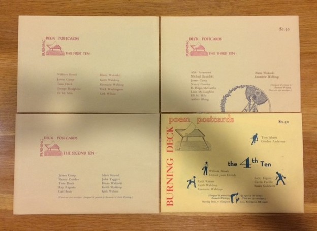 All four envelopes for Burning Deck Postcards