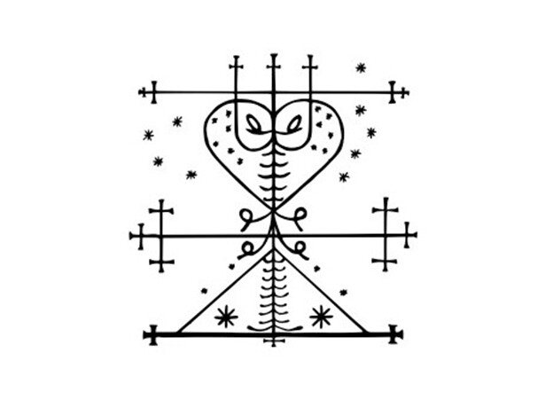 Line-drawn veve featuring a heart shape for Maman Brigitte, a Vodoun loa.