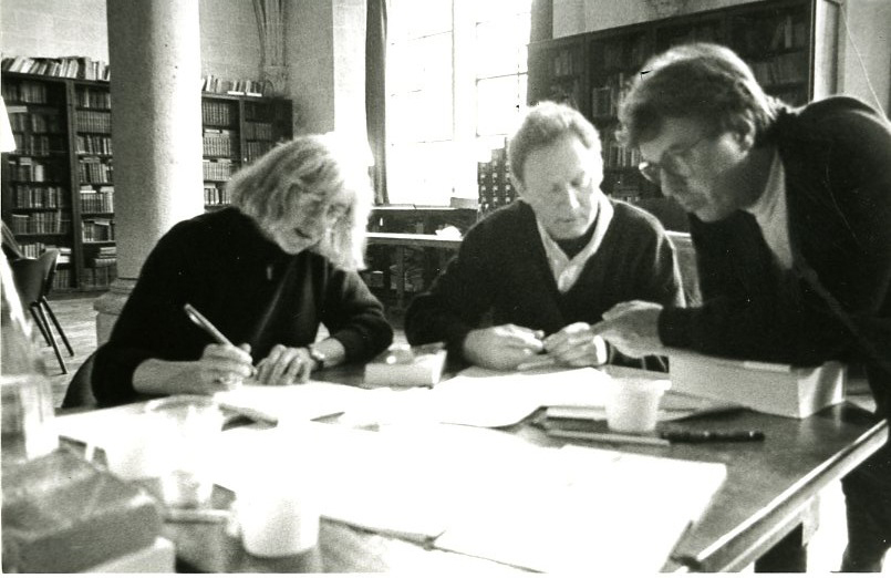 Rachel Blau DuPlessis, Emmanuel Hocquard, and Jean-Paul Auxeméry at work in 1992 at the Library at Royaumont. Photo by Kathy Imbert. Rachel Blau DuPlessis, Emmanuel Hocquard, and Jean-Paul Auxeméry at work in 1992