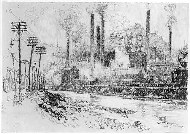 Joseph Pennell, drawing of Cambria steel works, Johnstown, Pennsylvania, 1917. Image from the Library of Congress.