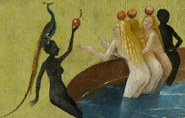 Above: Hieronymus Bosch, 'Garden of Earthly Delights' (detail), via <a href= https://commons.wikimedia.org/wiki/File:Bosch,_Hieronymus_-_The_Garden_of_Earthly_Delights,_center_panel_-_Detail_women_with_peacock.jpg>Wikimedia Commons</a>. Hieronymus Bosch, 'Garden of Earthly Delights' (detail).