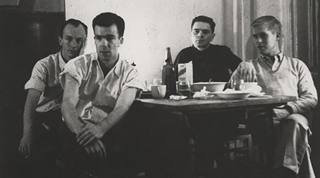 Frank O'Hara, John Button, James Schuyler, and Joe LeSueur, 1960. Photo by John Button.