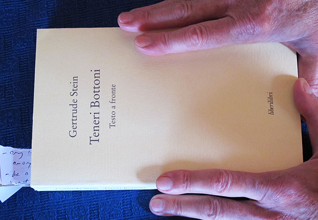 Rachel Blau DuPlessis with the Italian edition of Stein's 'Tender Buttons,' published by Liberilibri in Macerata in 1989 and 2006, translated by Marina Morbiducci and Edward G. Lynch, with an introduction by Nadia Fusini.