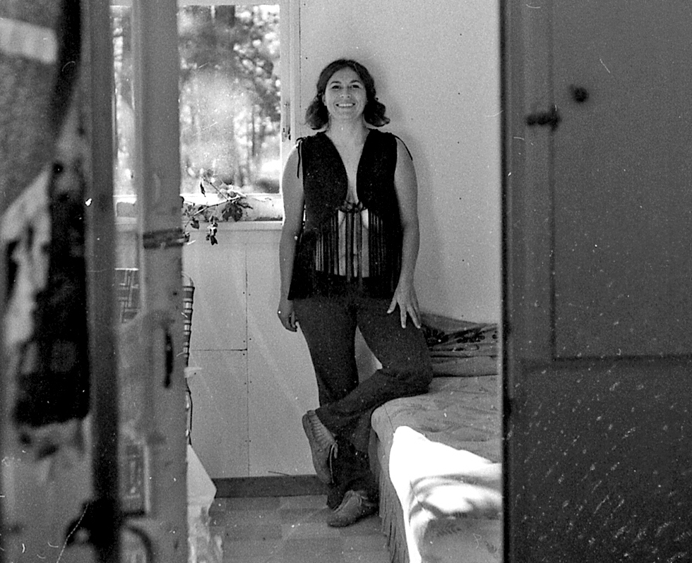 Photograph of Hannah Weiner by Ira Joel Haber, 1969, country house (probably Woodstock, New York), available with other photos at <a href=http://writing.upenn.edu/epc/authors/weiner/images/Haber-1969/index.html>EPC</a>.