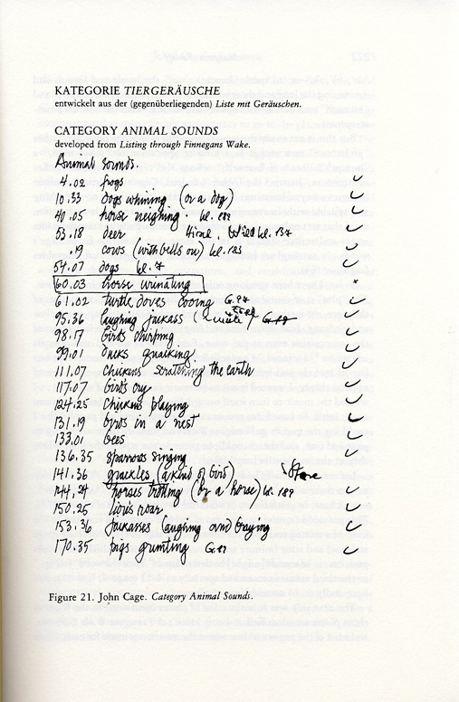 A page of John Cage’s ‘Roaratorio’ in Perloff’s Radical Artifice. Image courtesy of Marjorie Perloff.