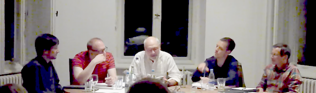 (l to r): Tobias Amslinger, Norbert Lange, Charles Bernstein, Dennis Büscher-Ulbrich, Mathias Traxler in Berlin