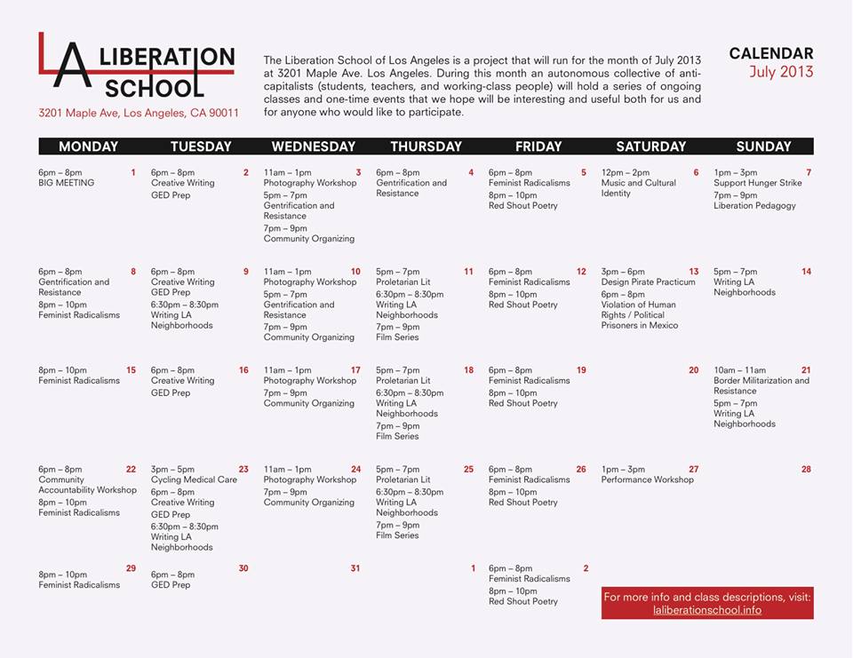 LA Liberation School Calendar, July 2013 LA Liberation School Calendar, July 2013