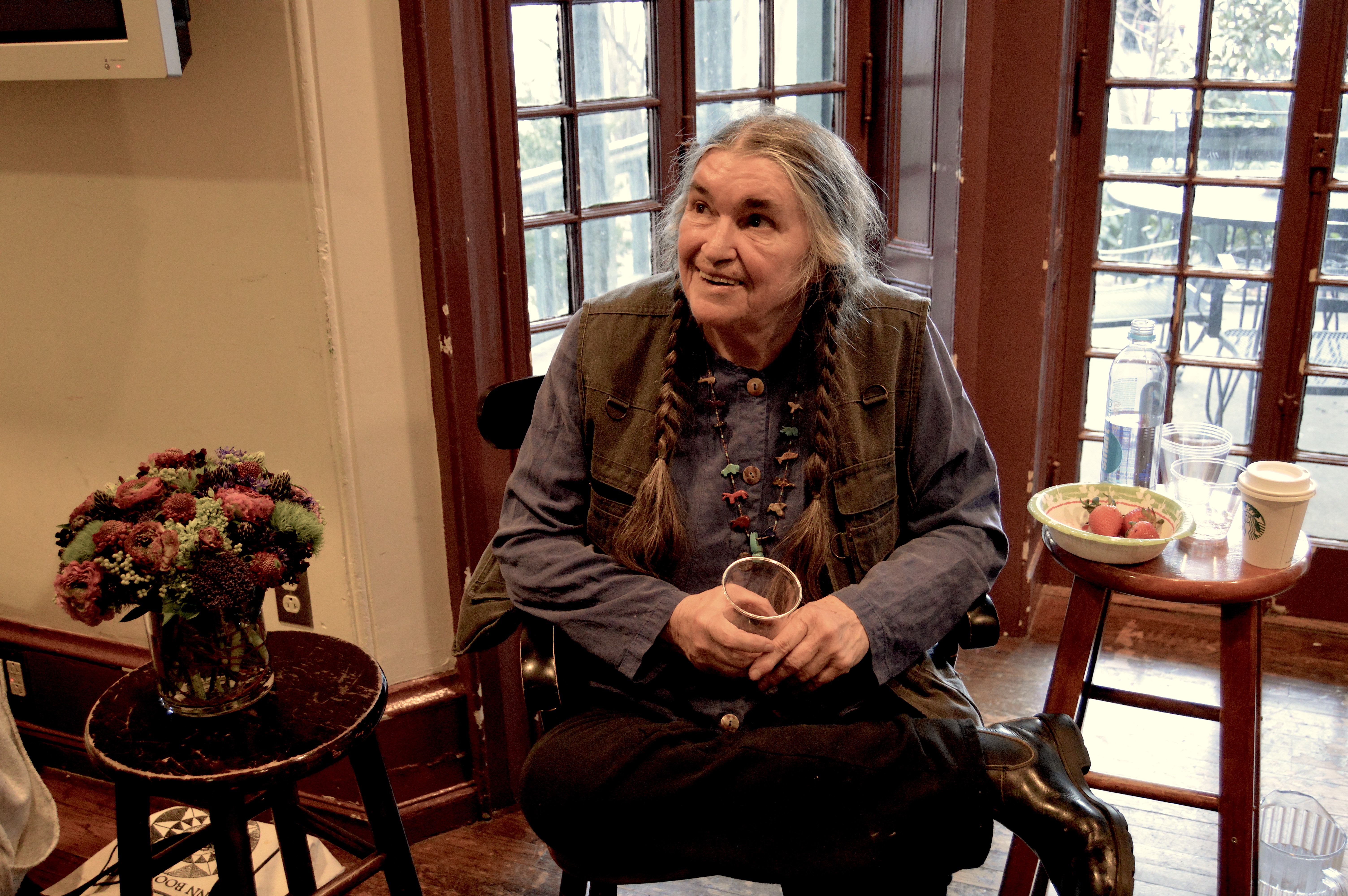 Bernadette Mayer visiting the Kelly Writers House on March 26, 2018, for a Fellows reading. Photo by Kelly Writers House staff. Bernadette Mayer visiting the Kelly Writers House on March 26, 2018.
