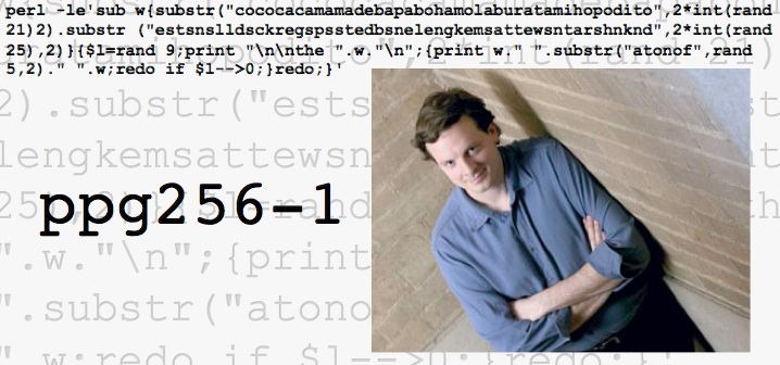 Nick Montfort with the code for his "PPG-256-1 (Perl Poetry Generator in 256 characters)."