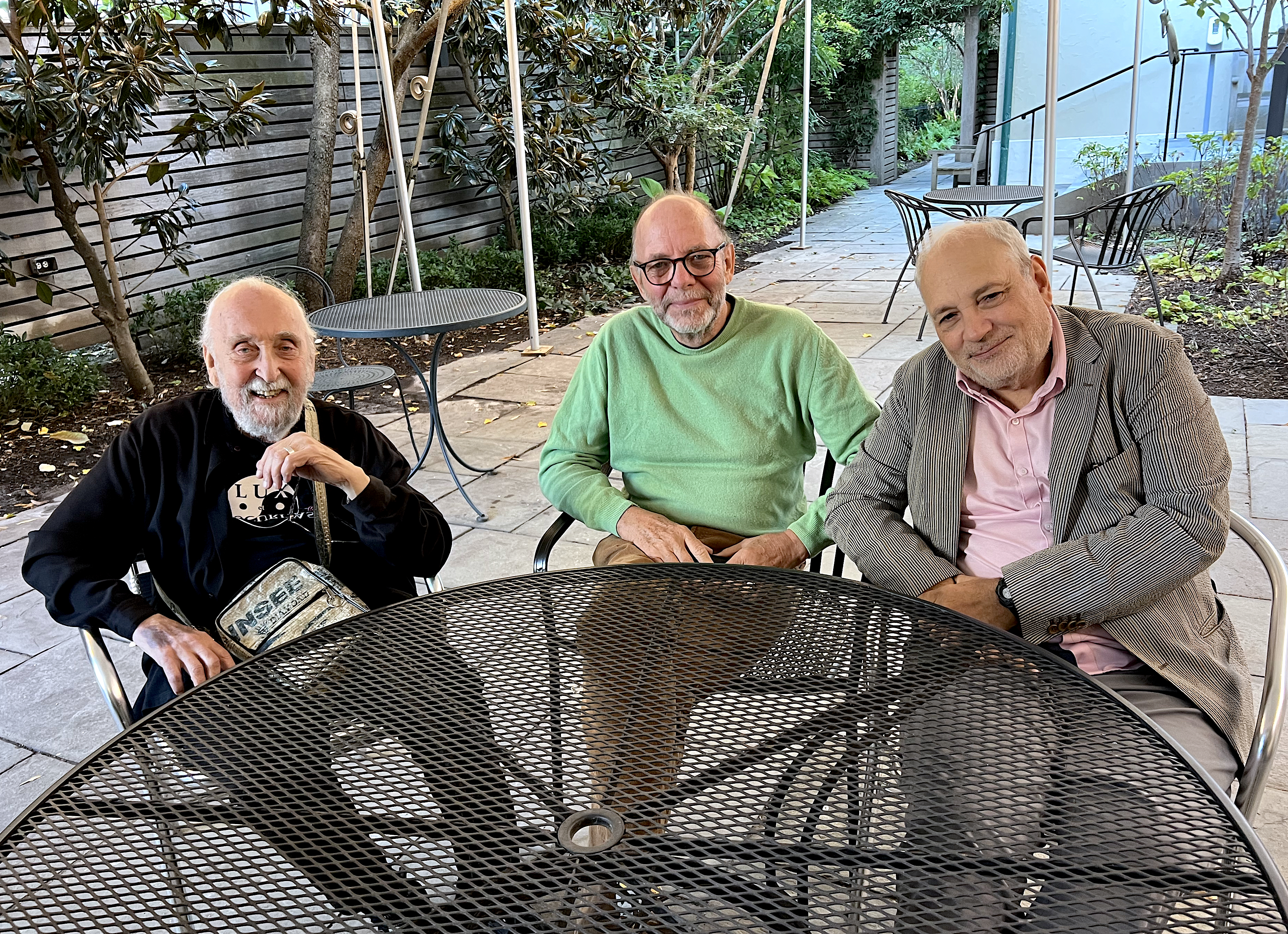 From left: Jerome Rothenberg, Pierre Joris, and Charles Bernstein in the garden of the Kelly Writers House. Photo by Al Filreis.