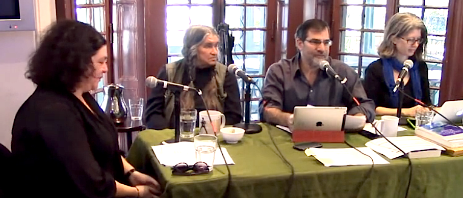 From left: Erica Kaufman, Bernadette Mayer, Al Filreis, and Julia Bloch during a live interactive webcast that preceded this PoemTalk session by a few hours.