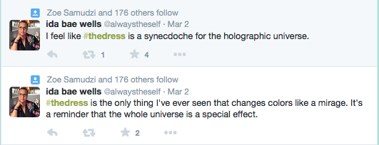 Tweets from Professor Crystal Fleming (@alwaystheself) on #thedress Two tweets from Twitter user @alwaystheself discuss #thedress hashtag