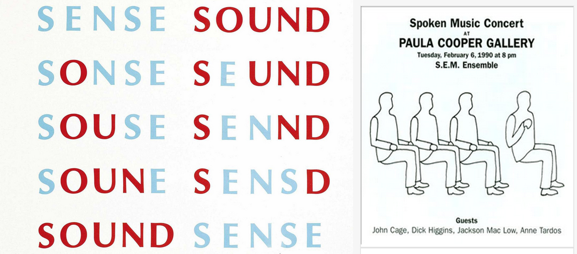Emmett Williams's "Sense Sound" (left); poster for 2/6/1990 performance at Paula Cooper Gallery (right).