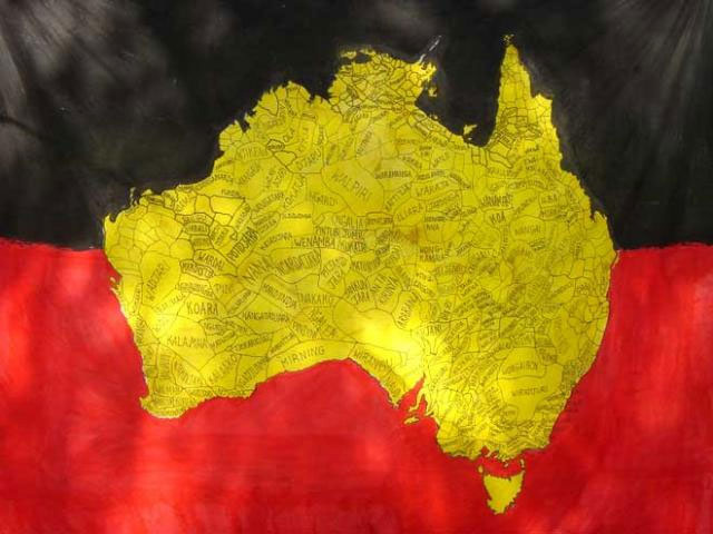 Iconic flag showing the many hundreds of tribes in Australia prior to British settlement. The flag was flown at Camp Sovereignty in Melbourne, March 2006, where an indigenous Australian protest movement organized against the Commonwealth Games.
