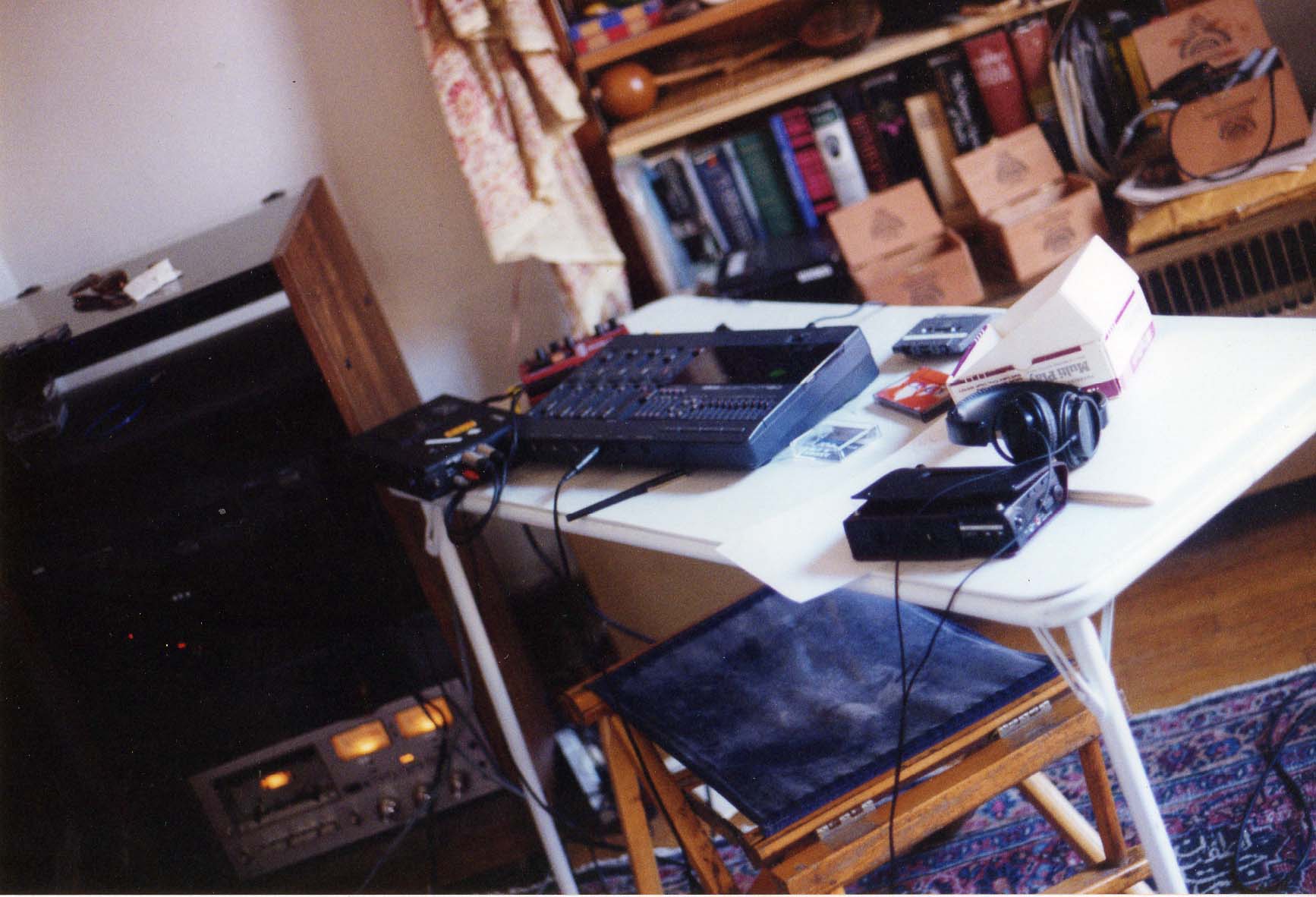 Purkinge studio setup (stereo, DAT, MultiPlay, 4-track, cassette), Albany, 1994; photo by Chris Funkhouser Purkinge Albany studio setup, 1994