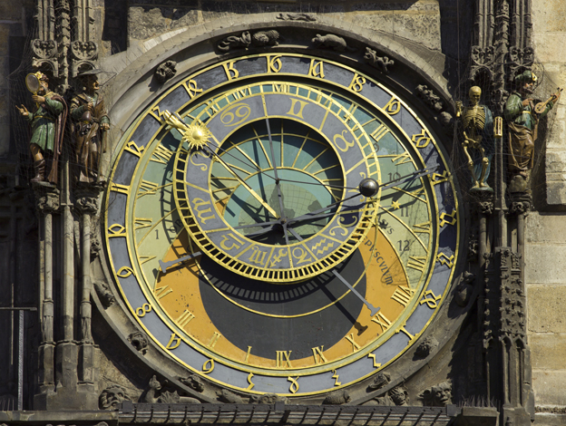Prague astronomical clock. Photo by <a href= https://commons.wikimedia.org/wiki/File:Czech-2013-Prague-Astronomical_clock_face.jpg>Andrew Shiva</a>.
