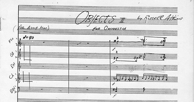 This image is from Atkins’s unpublished score “Objects for Orchestra.” The dedication is to Aunt Mae, Atkins’s mother’s sister with whom he lived for many years. Image courtesy of Russell Atkins.