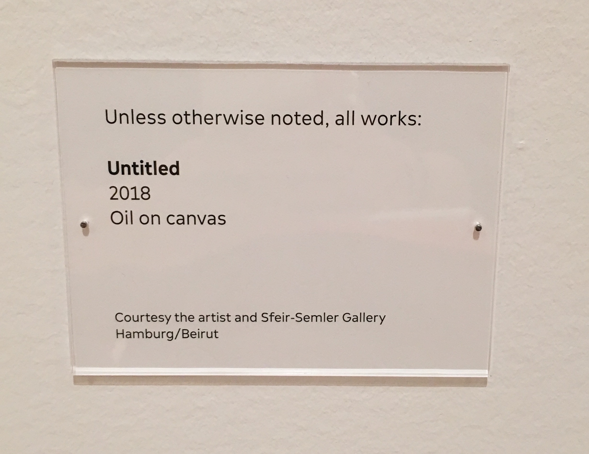 Unless otherwise noted, all works: untitled, 2018, oil on canvas Museum plaque that reads: unless otherwise noted, all works: untitled, 2018, oil