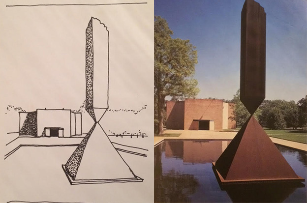 Two postcard images of 'Broken Obelisk' at the Rothko Chapel in honor of Martin Luther King.