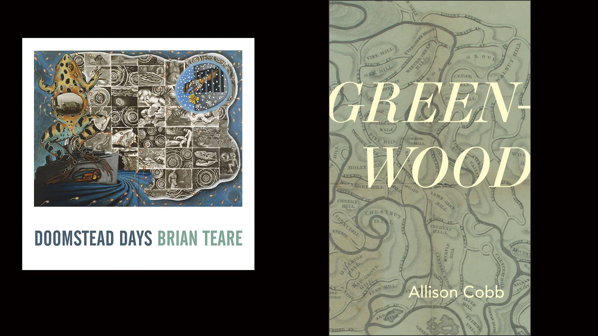 Book covers for Brian Teare's Doomstead Days and Allison Cobb's Green-Wood.