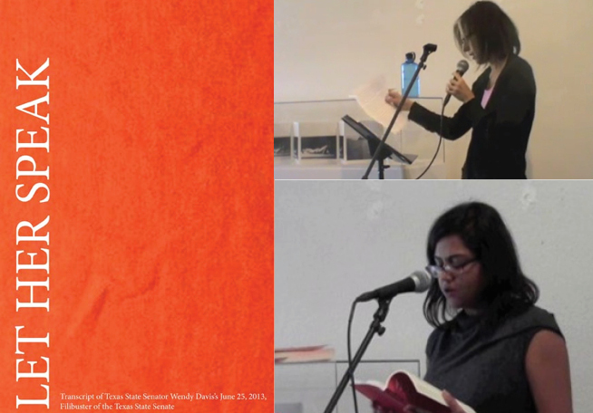 At right: Michele Battiste (top) and Pravithra Prasad (bottom) read from 'Let Her Speak' in Denver, Colorado, in November 2013. At right: Michele Battiste (top) and Pravithra Prasad (bottom) read from 'Let He