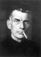 black and white photo of author Samuel Beckett from the shoulders up, with a cigarette hanging from his mouth
