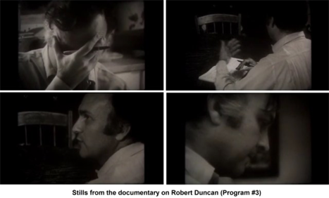 poet Robert Duncan in four stills from a Moore documentary. Duncan talks and writes while sitting at a table.