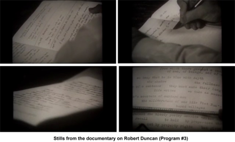 two stills of poet Robert Duncan's hands as he writes in a notebook, followed by a still with words on a paper lying flat, and a still of a typewriter with a sheet of words on it