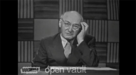 still of I.A. Richards wearing glasses with his head resting in one hand; the words "WGBH open vault" appear at the bottom of the screen
