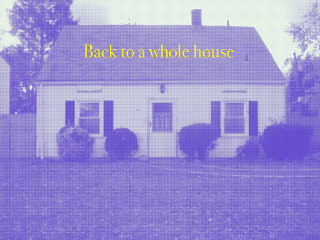 purple-toned image of a house with yellow text that reads "Back to a whole house"