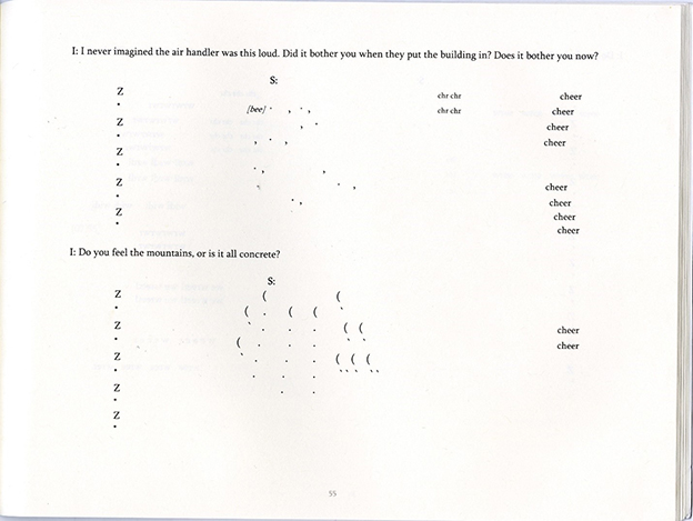 Page 55 of 'Tree Talks' with letters and punctuation arranged into the shape of a bee's flight, a mountain, and more