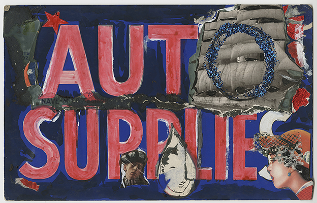collage with words "auto supplies" painted over in red, with the exception of the "o," which is obscured by a black and white image of a ship and a blue glitter "o" drawn over it. additional paint and three images of white people's faces are also included