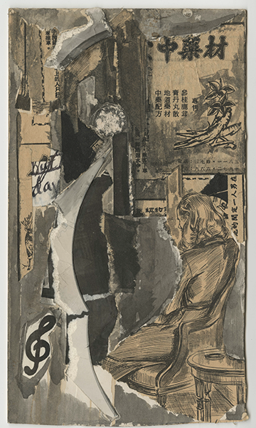 collage with gray and tan paper, paint, and ink shapes, Chinese lettering, botanical images, a treble clef, and a person with shoulder length hair facing backward and sitting in an armchair